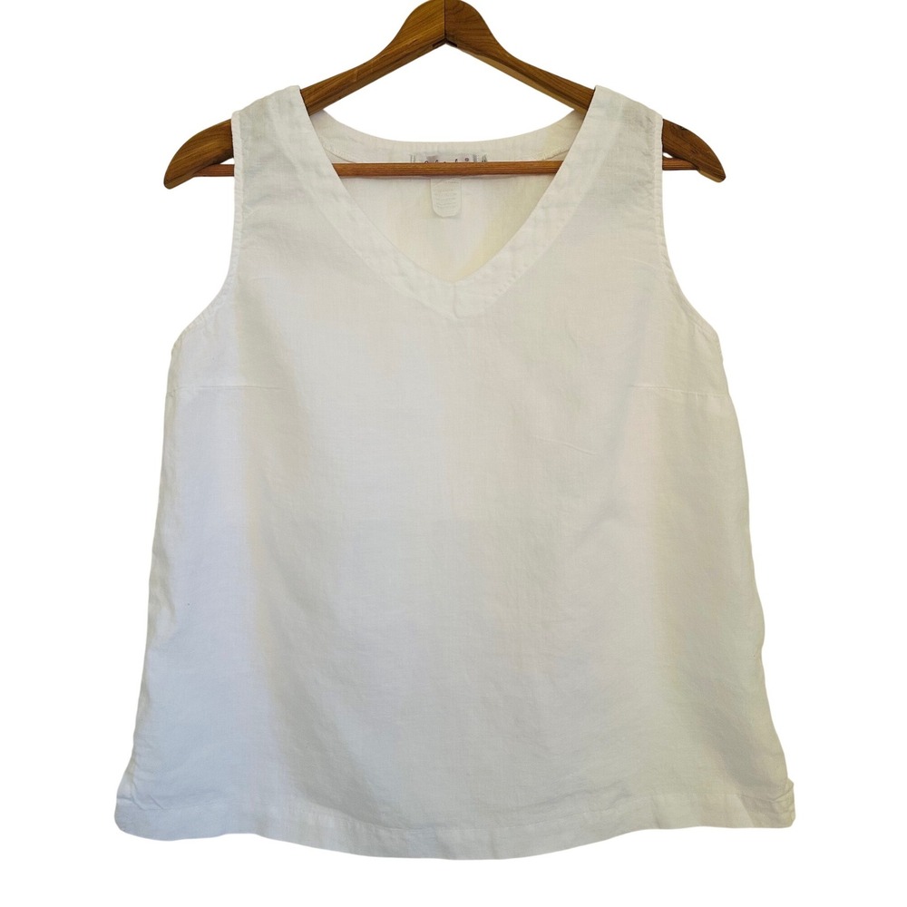 Fresh Produce Womens White 100% Linen V-Neck Shell Tank Top Sz M USA Coastal